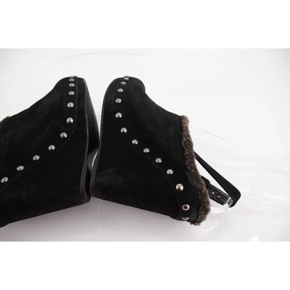 Stuart Weitzman Clogger Mules Women's Size 5.5 Black Wedge Platform Suede Fur